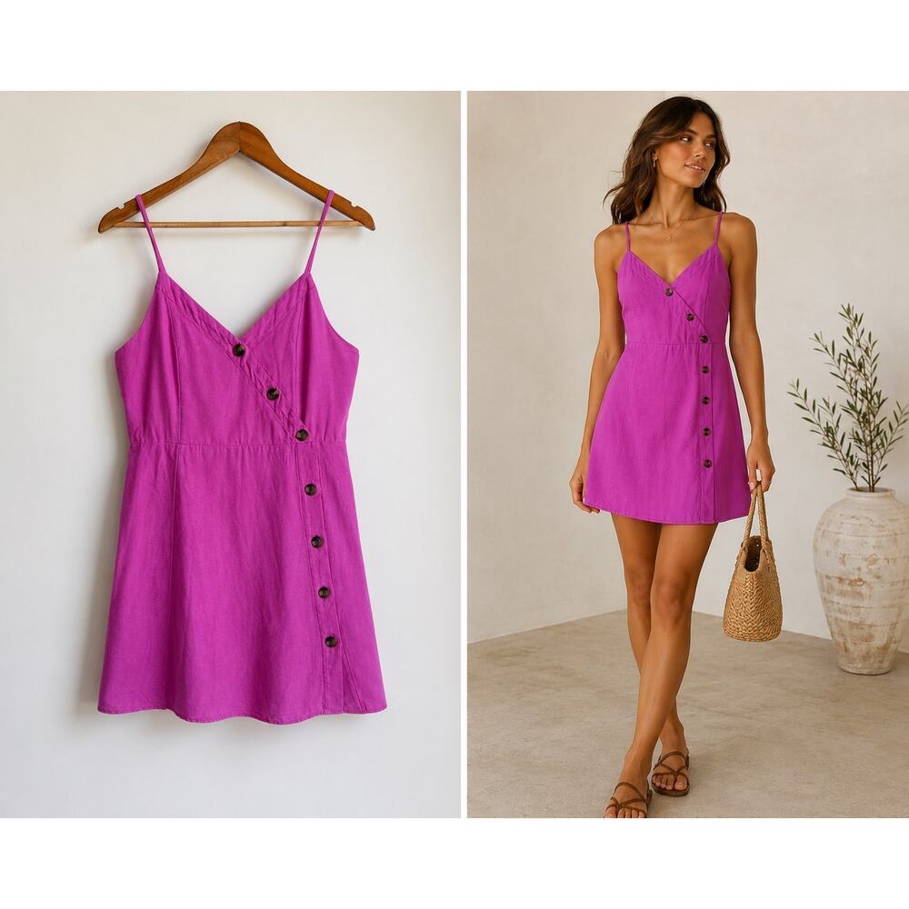 American Eagle Magenta Pink Linen Blend Asymmetric Button Mini Dress Size Medium